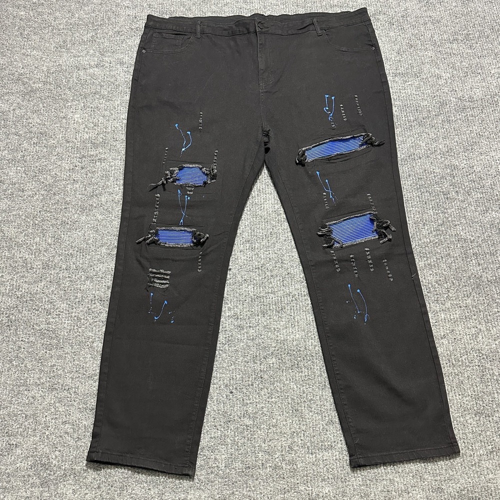 Manfinity Mens Jeans Size 6XL Black Distressed Blue Patchwork Streetwear Denim‎